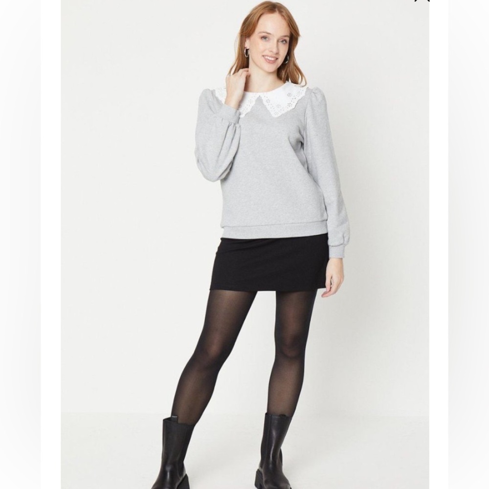 QED London * Grey Knit with Eyelet Collar and Puff Sleeve